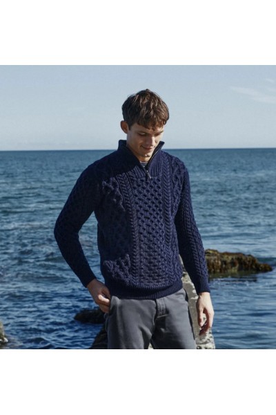 Pull tricoté zippé bleu marine - Homme