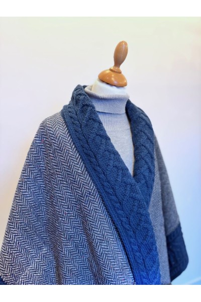 Poncho femme tweed Donegal et laine Merino - Bleu